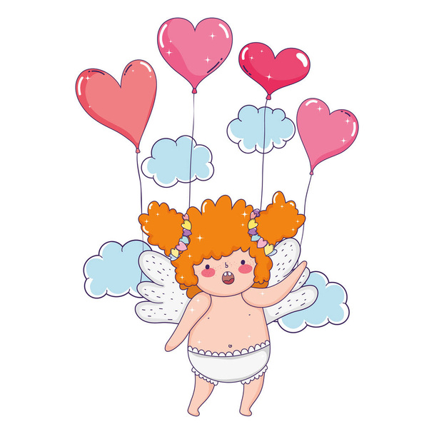lindo cupido gordito chica con globos helio corazón forma
 - Vector, imagen