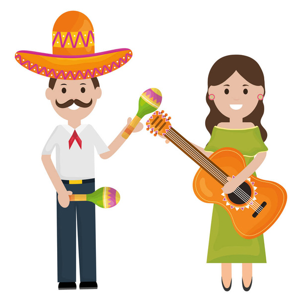 mexicans couple with mariachi hat and instruments - Vector, Imagen