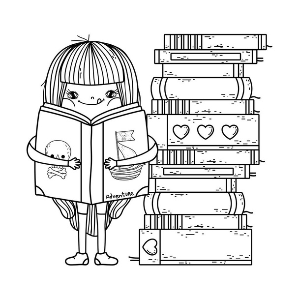 onnellinen pieni tyttö lukemassa kirjoja
 - Vektori, kuva