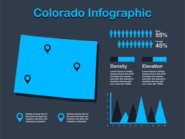 コロラド州 (アメリカ) 暗い背景に青色のインフォグラフィック要素のセットを持つマップ - ベクター画像