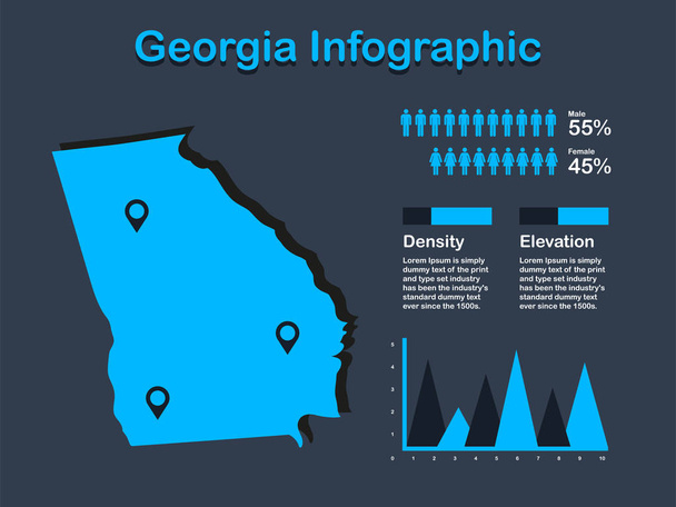 Mapa del estado de Georgia (EE.UU.) con un conjunto de elementos infográficos en color azul en fondo oscuro
 - Vector, Imagen