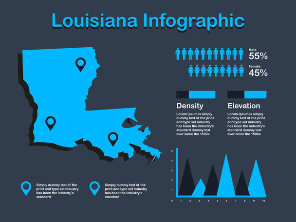 Mapa del estado de Louisiana (EE.UU.) con un conjunto de elementos infográficos en color azul en fondo oscuro
 - Vector, Imagen