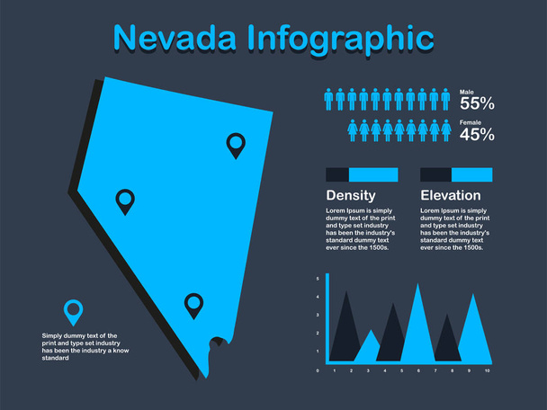 暗い背景に青色のインフォグラフィック要素のセットを持つネバダ州 (アメリカ) マップ - ベクター画像