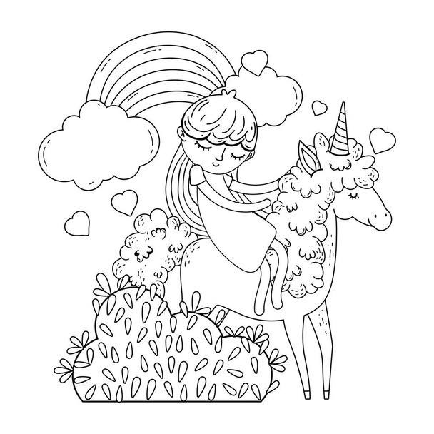 единорог и принцесса в пейзаже с радугой
 - Вектор,изображение