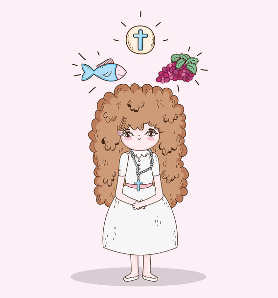 girl first communion with wafer host and fish with grapes - Vector, Image
