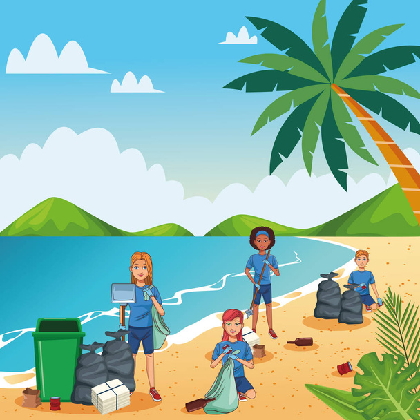 Teenagers cleaning beach - Vector, Image