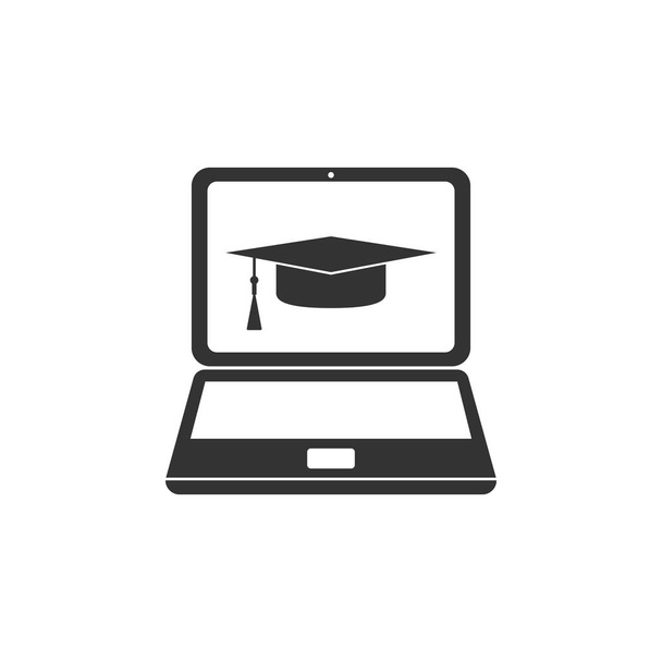 Tapa de graduación e icono portátil aislado. Icono de concepto de aprendizaje en línea o e-learning. Diseño plano. Ilustración vectorial
 - Vector, imagen