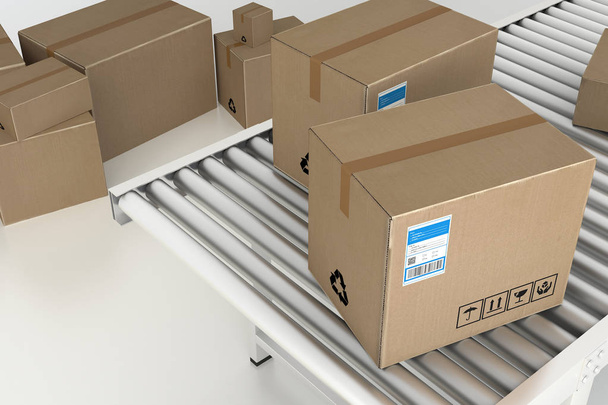 caja de cartón en transportador de rodillos (renderizado 3D
) - Foto, Imagen