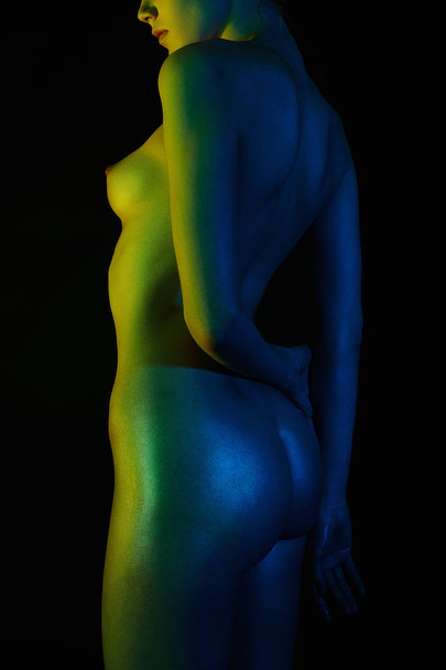 Shining skin Nude Woman, Colorful bright lights - Photo, Image