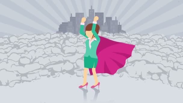 Süper kahraman şehir arka planda duruyor. Bir toz bulutunun yanında. İş kadını sembolü. Liderlik ve Başarı kavramı. Komik döngü animasyon. - Video, Çekim