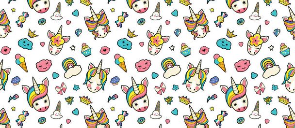 Pattern with cute faces of unicorns, ice cream, stars, hearts, donut, rainbow, crowns, cupcake. - Διάνυσμα, εικόνα