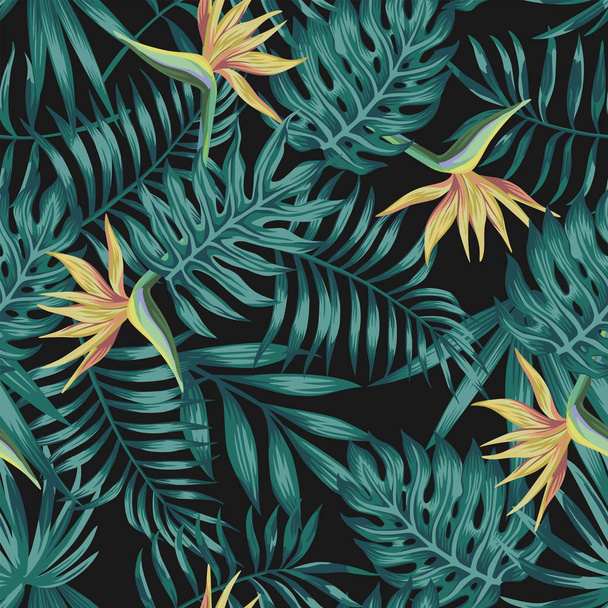 tropische Blätter blauer Ton Paradiesvogel schwarzer Hintergrund - Vektor, Bild