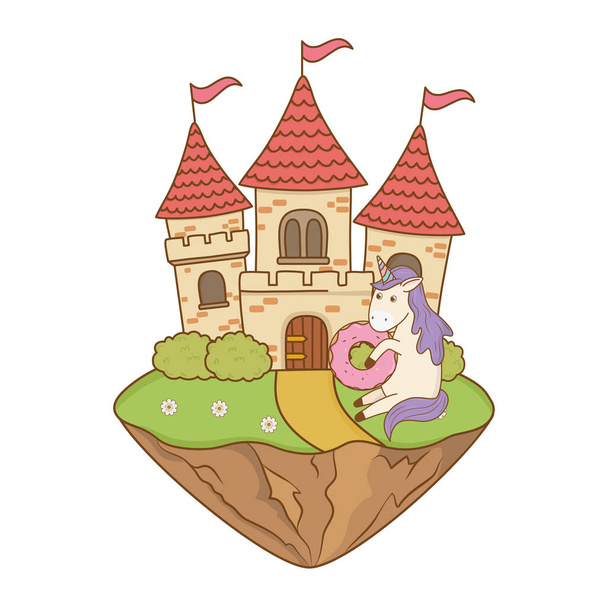 παραμύθι χαριτωμένο μονόκερος με κάστρο στο τοπίο - Διάνυσμα, εικόνα
