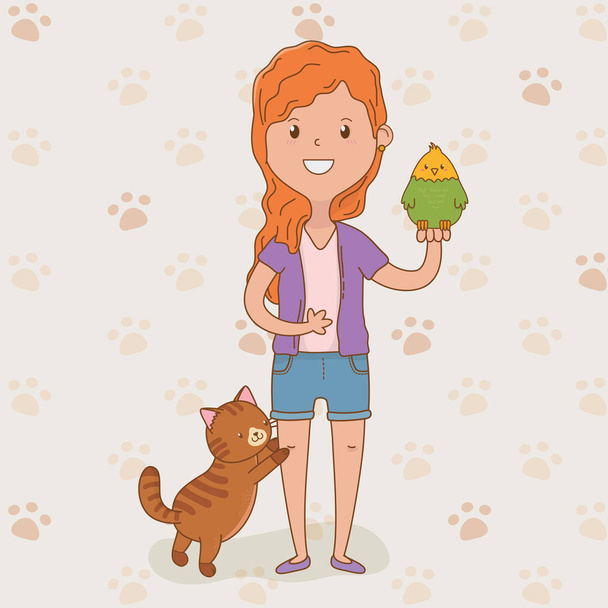 junge Frau mit süßer Katze und Papagei - Vektor, Bild