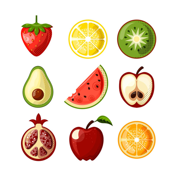 Fresh juicy fruit flat icons isolated on white background. Strawberry, lemon, qiwi, watermelon and other fruits in one collection. Flat icon set of healthy food - fruits. - Vetor, Imagem
