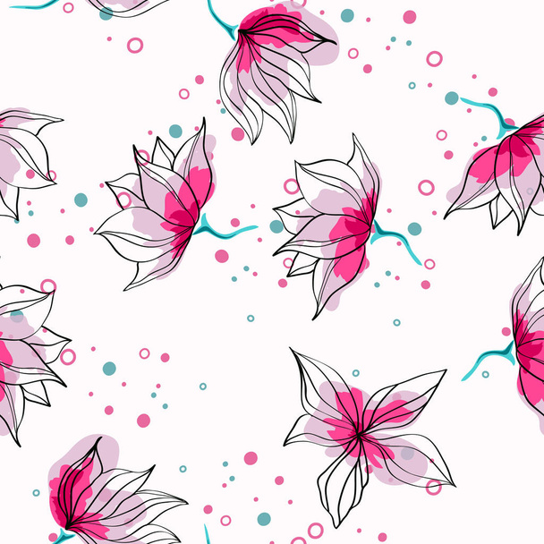 Pink hibiscus flowers tropical vector seamless pattern. Exotic pattern with delicate buds. Floral Hawaiian style textile background with flowers. - Vettoriali, immagini