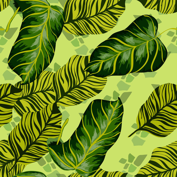 Tropical leaves realistic seamless pattern. Banana leaf and palm tree. Hawaiian exotic background with tropical plants. - Vector, Imagen