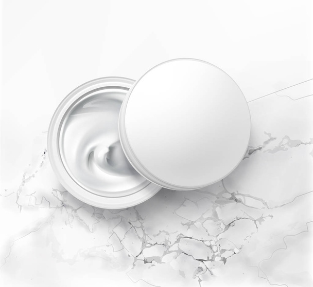 Illustrazione vettoriale di vaso cosmetico con crema igienica, vista dall'alto su fondo marmoreo
 - Vettoriali, immagini