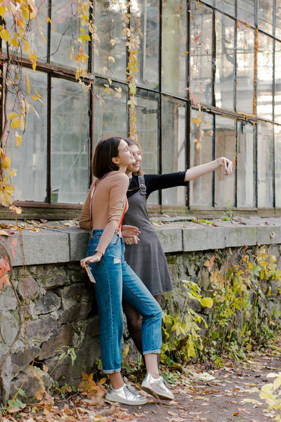 Deux étudiants prenant selfie au téléphone dans le parc d'automne
 - Photo, image