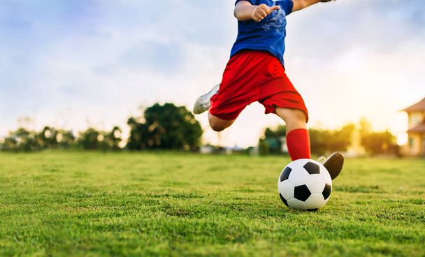 ein Aktionssportbild einer Gruppe von Kindern, die Fußball spielen, um sich auf dem grünen Rasenplatz zu bewegen. - Foto, Bild