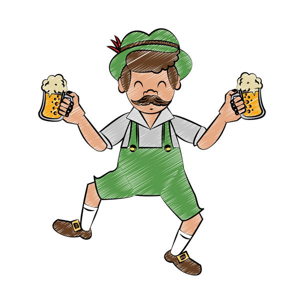 Bavarian man holding beer cups scribble - Vector, Imagen