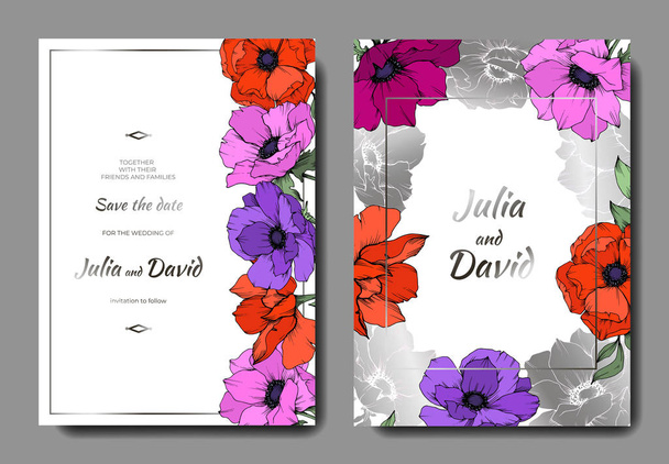 Flores botânicas florais de anêmona. Tinta gravada a preto e branco. Casamento cartão de fundo floral borda decorativa
. - Vetor, Imagem