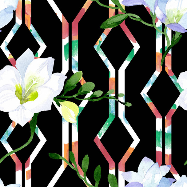 Witte freesia bloem botanische bloemen. Aquarel achtergrond illustratie set. Naadloze achtergrond patroon. - Foto, afbeelding