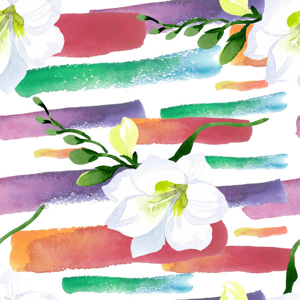 Flores botánicas florales de freesia blanca. Conjunto de ilustración de fondo acuarela. Patrón de fondo sin costuras
. - Foto, imagen