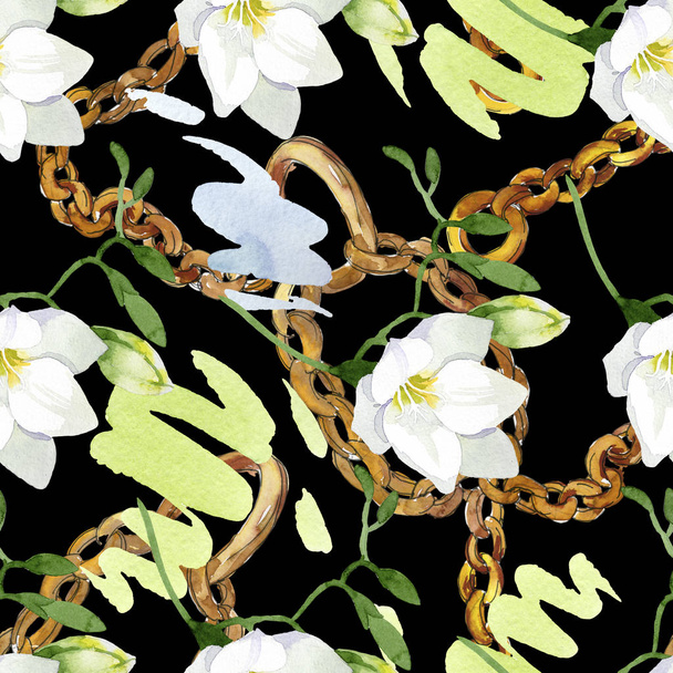 White freesia floral botanical flowers. Watercolor background illustration set. Seamless background pattern. - Photo, Image
