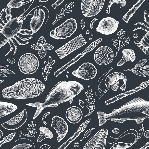 Seafood and fish seamless pattern. Hand drawn vector illustratio - ベクター画像