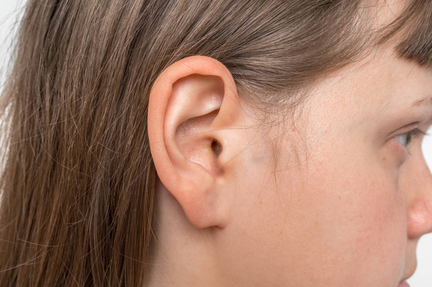 Close up of human head with female ear - Foto, imagen