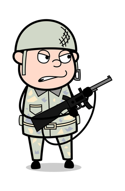 Angry Officer with Gun - Cute Army Man Cartoon Soldier Vector Il - Vector, Image
