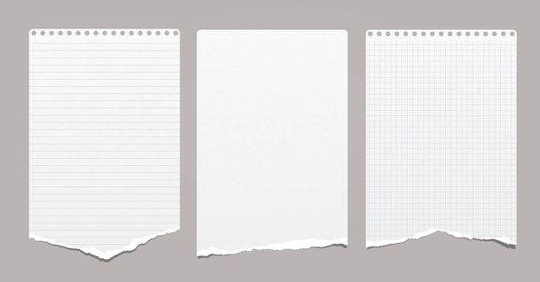 Fehér szemcsés hasított, bélelt és négyzet alakú notebook, jegyzet papír ragadt szürke háttér. Vektorillusztráció. - Vektor, kép