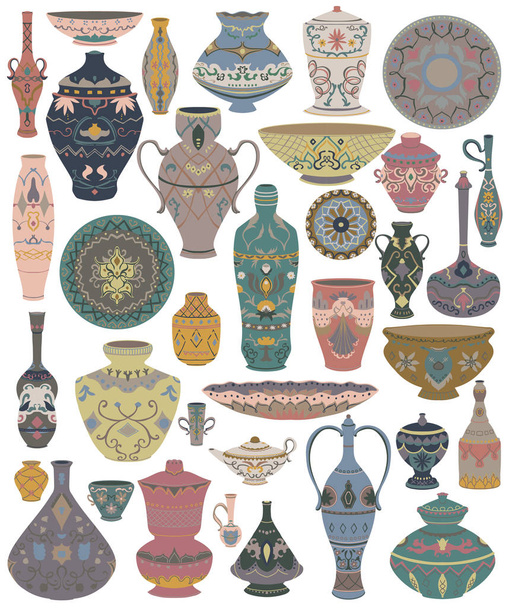 Традиционная коллекция арабской посуды. Восточные блюда, горшки, фонарь, миска, тарелки, керамика с национальным цветочным орнаментом. Изолированные объекты на белом фоне. Векторная иллюстрация
 - Вектор,изображение