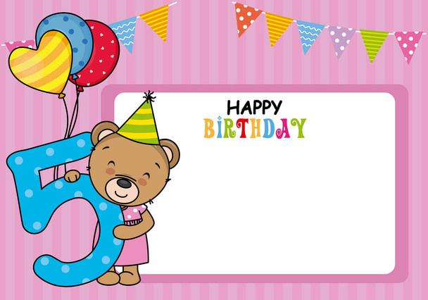Καλή κάρτα γενεθλίων. Αρκούδα με μπαλόνια και το νούμερο 5. Χώρος για φωτογραφία ή κείμενο - Διάνυσμα, εικόνα