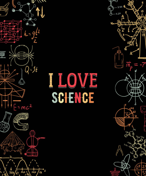 I love science. Vintage scientific equipment, formulas and elements on black background. Isolated elements. Design template for print, poster, wallpaper. Vector illustration - Vector, Image