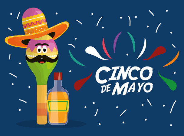 χαρακτήρα Σίνκο ντε Mayo maraca με μπουκάλι τεκίλα - Διάνυσμα, εικόνα