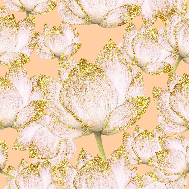 Bezszwowe botaniczne wzór złotych kwiatów lotosu - Zdjęcie, obraz