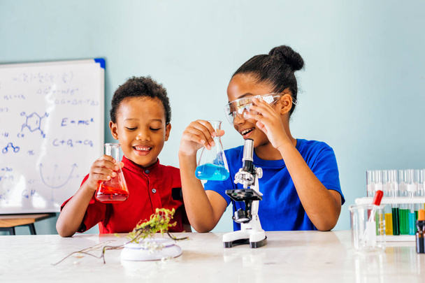 Two African American mixed kids testing chemistry lab experiment - Valokuva, kuva