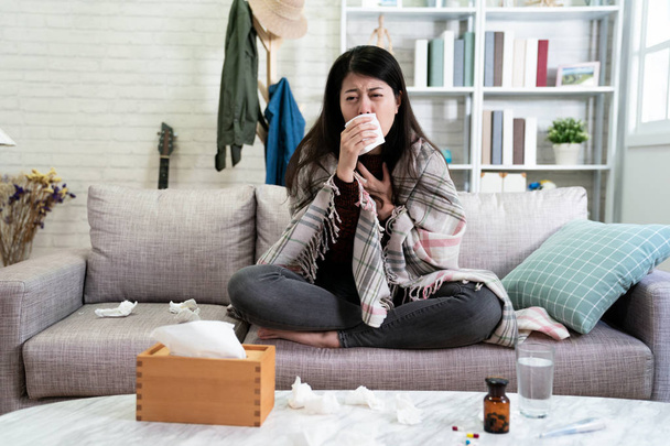 Cold medicine and sick asian woman - Photo, image