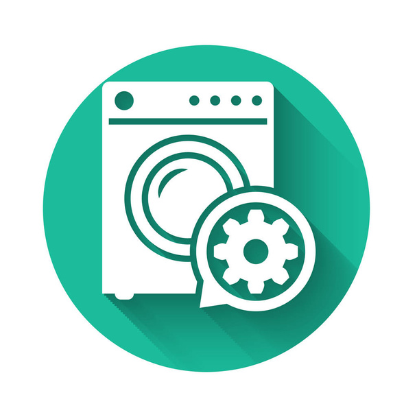 Witte Wasmachine en tandwielpictogram geïsoleerd met lange schaduw. Aanpassen app, service concept, instelling opties, onderhoud, reparatie, vaststelling. Groene cirkel knop. Vector Illustratie - Vector, afbeelding