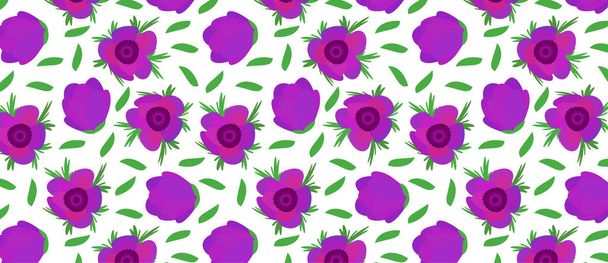 pattern with flower Anemone, pink spring flower with stem - Vector, Image