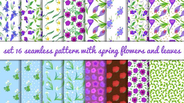 set 16 pattern with spring flowers on white background. - Vector, Image