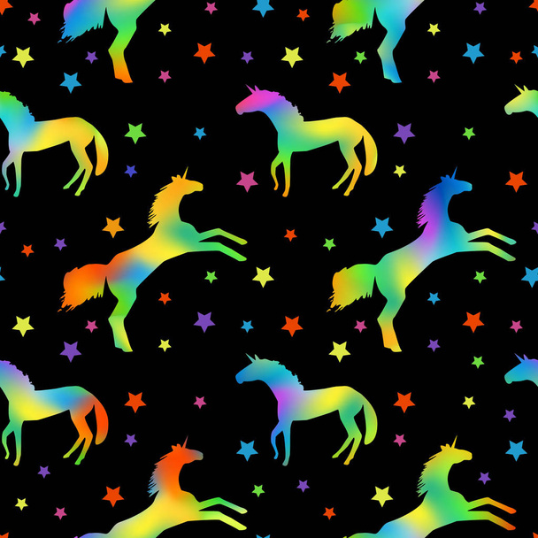 Muster mit Einhorn-Silhouetten mit Regenbogenfüllung und bunten Sternen - Vektor, Bild