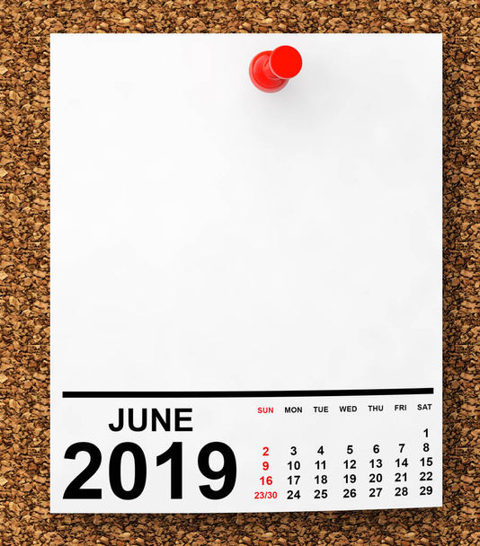Kalender juni 2019. 3D-rendering - Foto, afbeelding