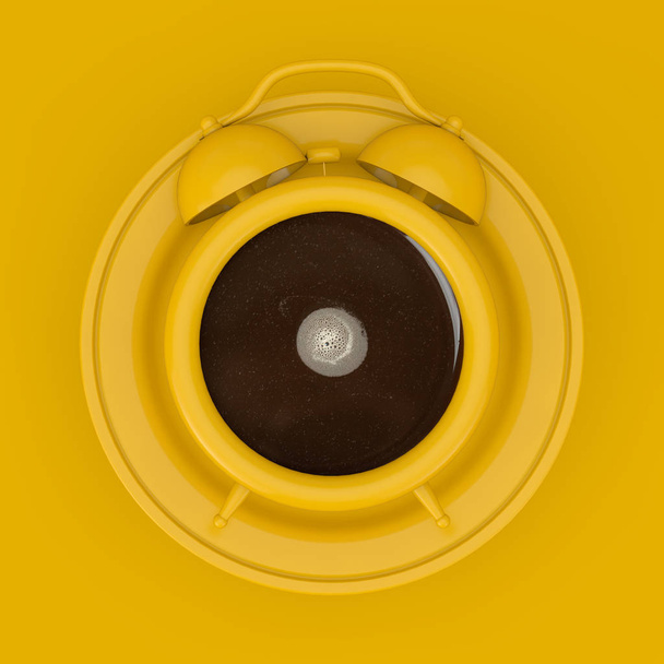 Kahvitauko. Keltainen kahvikuppi hälytyskellona tasaisella
 - Valokuva, kuva