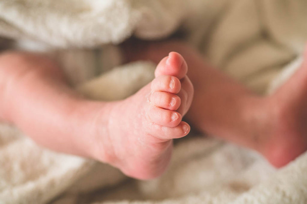 Female hand holding her newborn baby legs. Mom with her child. Maternity, family, birth concept - Zdjęcie, obraz