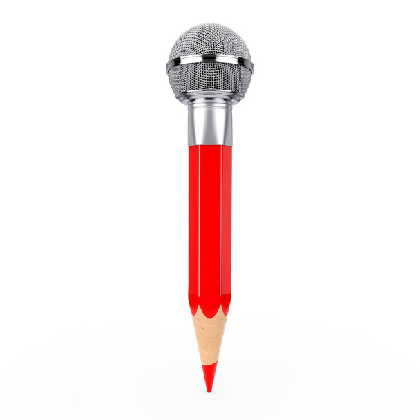 Κόκκινο μολύβι ως μεταλλικό χρώμιο μικρόφωνο. Απόδοση 3D - Φωτογραφία, εικόνα