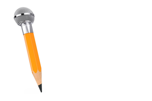 gelber Bleistift als Metall-Chrom-Mikrofon. 3D-Darstellung - Foto, Bild