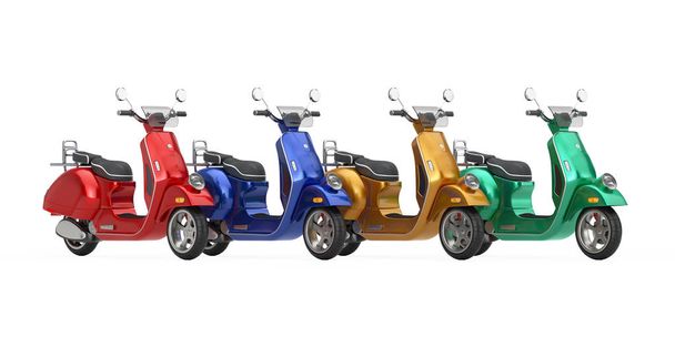 Multicolored Classic Vintage Retro or Electric Scooters. 3d Rend - Photo, Image